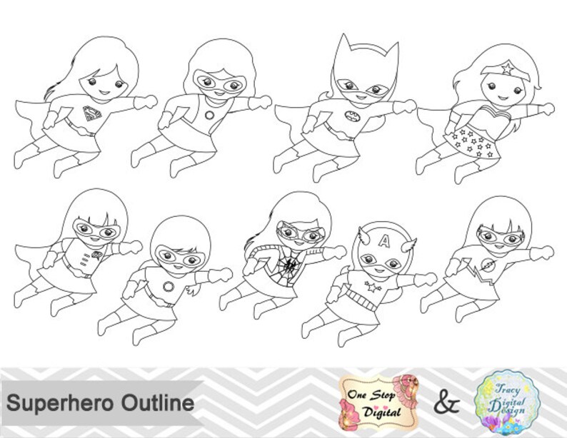 Black White Outline Superhero Girls Digital Clip Art Etsy
