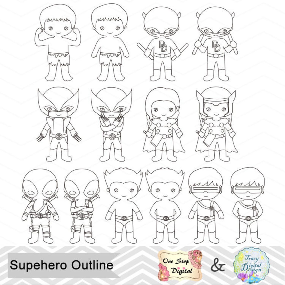 Black White Outline Superhero Boys Digital Clip Art Superhero | Etsy