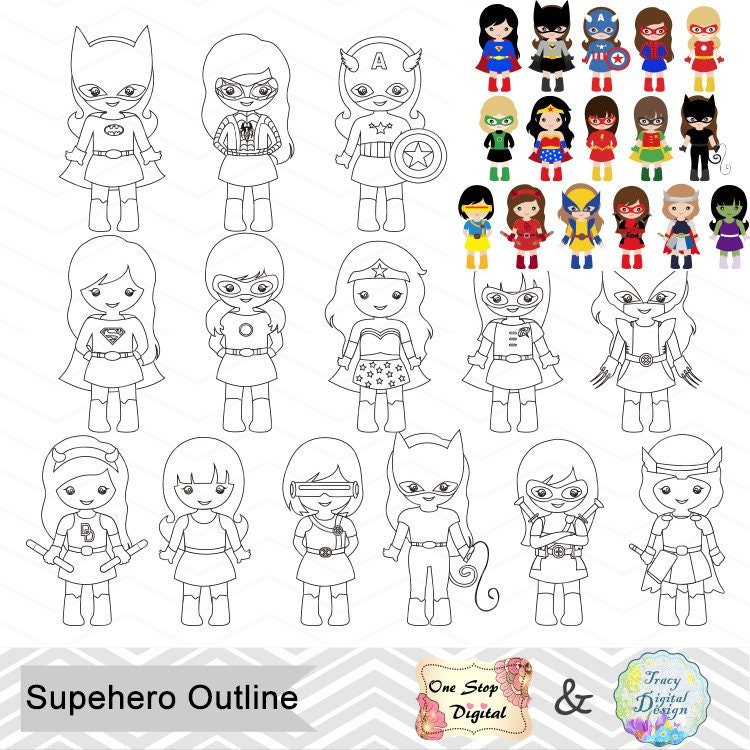 Black White Outline Superhero Girls Digital Clip Art Etsy