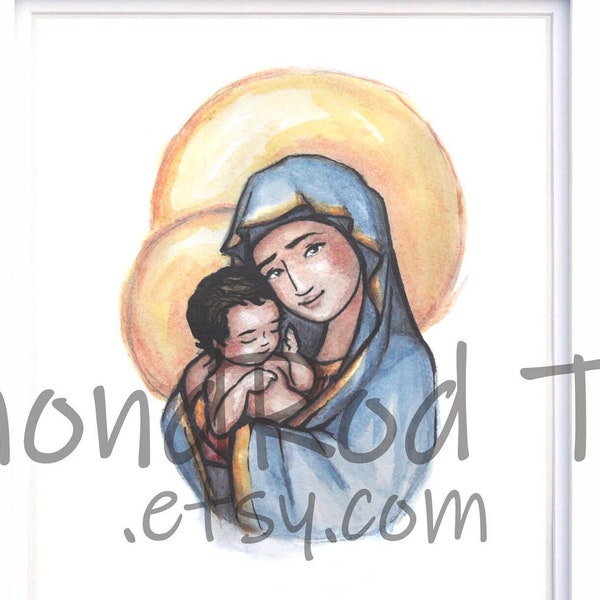 Eyes of Mercy 8 x 10 kunstafdrukillustratie // Moeder Maria en kind Jezus // door AlmondRod Toys