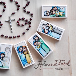 Joyful Mysteries / 5 Rosary Blocks / Prayers by St Louis de Montfort / Original artwork by AlmondRod Toys