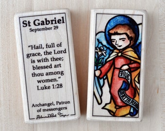 St Gabriel the Archangel Patron Saint Block with gift bag // Patron of Messengers // Catholic Toys by AlmondRod Toys