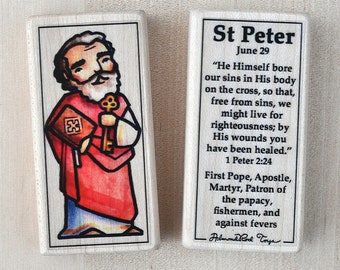 St Peter Patron Saint Block with gift bag // Patron of popes, fishermen, and against fevers // Catholic Toys by AlmondRod Toys