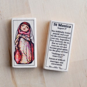 St Monica Patron Saint Block with gift bag // Mother of St Augustine, patron of difficult marriages and conversions // Catholic Toys