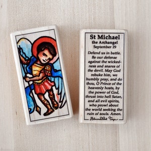 St Michael the Archangel Patron Saint Block with gift bag // Patron of police and military // September 29 // Catholic Toys