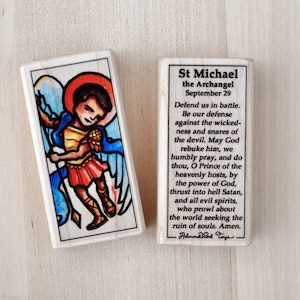 St Michael the Archangel Patron Saint Block with gift bag // Patron of police and military // September 29 // Catholic Toys