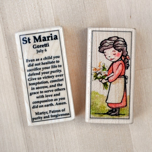 St Maria Goretti Patron Saint Block with gift bag // patron of purity and forgiveness // Catholic Toys by AlmondRod Toys