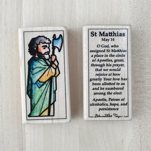 St Matthias Patron Saint Block with gift bag // patron of hope, persistence, and alcoholics // Catholic Toys by AlmondRod Toys