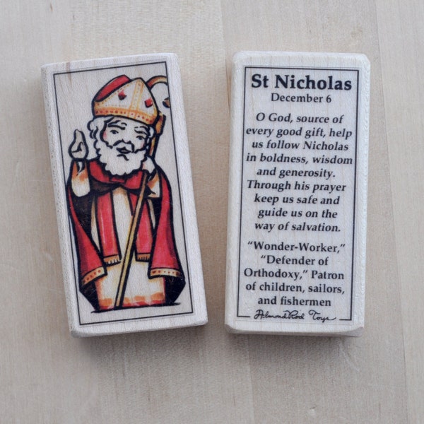 St Nicholas Patron Saint Block with gift bag // patron of children // Catholic Advent toy // Christmas toy // by AlmondRod Toys