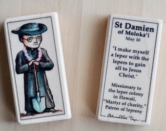 St Damien of Molokai Patron Saint Block with gift bag // Patron against leprosy // Catholic Toys by AlmondRod Toys