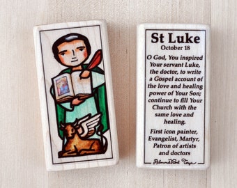 St Luke the Evangelist Patron Saint Block with gift bag // Gospel writer, Patron of artists and doctors // by AlmondRod Toys