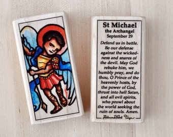 St Michael the Archangel Patron Saint Block with gift bag // Patron of police and military // September 29 // Catholic Toys