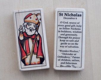 St Nicholas Patron Saint Block with gift bag // patron of children // Catholic Advent toy // Christmas toy // by AlmondRod Toys