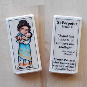 St Perpetua Patron Saint Block with gift bag // Patron of mothers, pregnancy, midwives, and expectant mothers // Catholic Toys