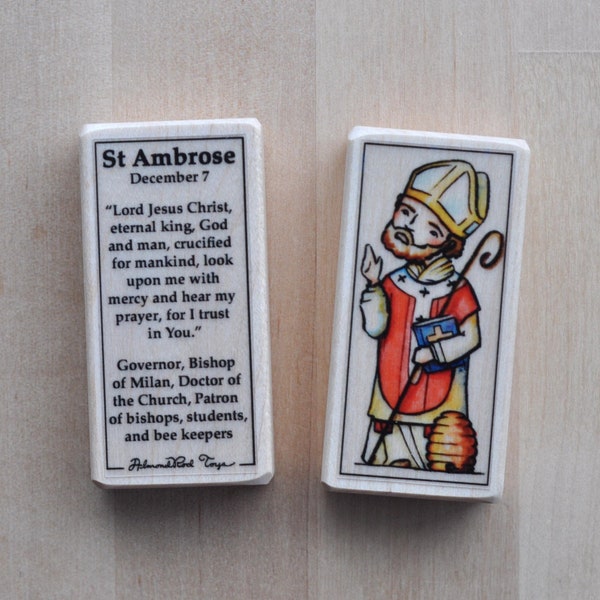 St Ambrose Patron Saint Block with gift bag // Patron of bishops, students, beekeepers // Catholic Toys by AlmondRod Toys