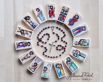 15 Rosary Blocks / Glorious, Joyful, Sorrowful Mysteries / Prayers by St Louis de Montfort / Original artwork by AlmondRod Toys