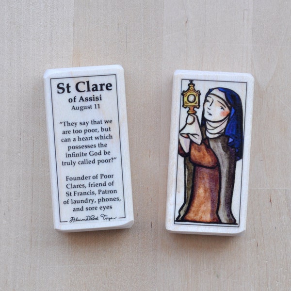 St Clare of Assisi Patron Saint Block with gift bag // patron of phones, laundry, and against sore eyes // Catholic Toys by AlmondRod Toys