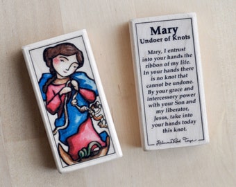 Mary Undoer of Knots Patron Saint Block with gift bag // Patron of youth, students, mountaineers // Catholic Toys by AlmondRod Toys