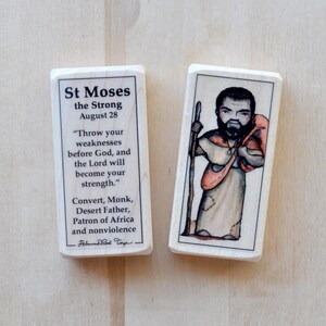 St Moses the Strong Patron Saint Block with gift bag // Moses the Black, Patron of Africa and nonviolence // Catholic Toys by AlmondRod Toys