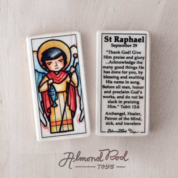 St Raphael the Archangel Patron Saint Block with gift bag // Patron of travelers, doctors, and healing // Catholic Toys by AlmondRod Toys
