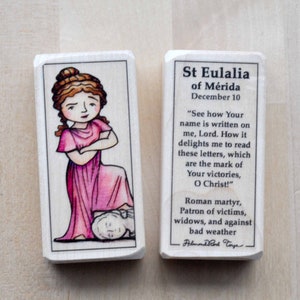 St Eulalia of Merida Patron Saint Block with gift bag // Patron of victims and widows // Catholic Toys by AlmondRod Toys