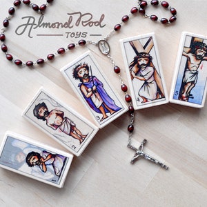 Sorrowful Mysteries / 5 Rosary Blocks / Prayers by St Louis de Montfort / Original artwork by AlmondRod Toys