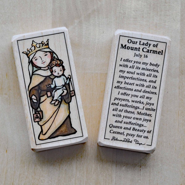 Our Lady of Mount Carmel Patron Saint Block with gift bag // Patron Brown Scapular // Catholic Toys by AlmondRod Toys