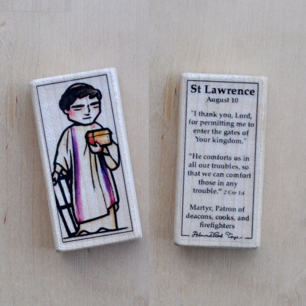 St Lawrence Patron Saint Block with gift bag // Patron of deacons, cooks, and firefighters // Catholic Toys by AlmondRod Toys
