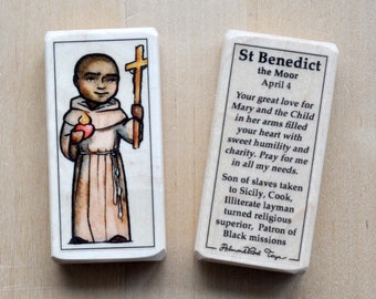 St Benedict the Moor Patron Saint Block with gift bag // Patron of Black missions // Catholic Toys by AlmondRod Toys
