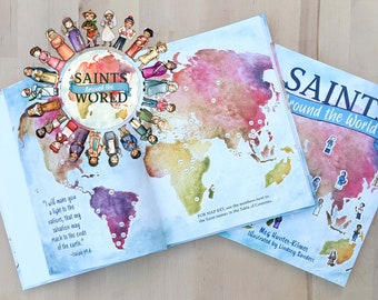 Saints Around the World book gift set with bookmark & canonization stickers // signed by the illustrator, Lindsey Sanders of AlmondRod Toys!