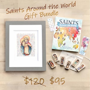 Saints Around the World Bundle! // signed copy of the book // 6 saint blocks // 8x10 print // bookmark and canonization stickers