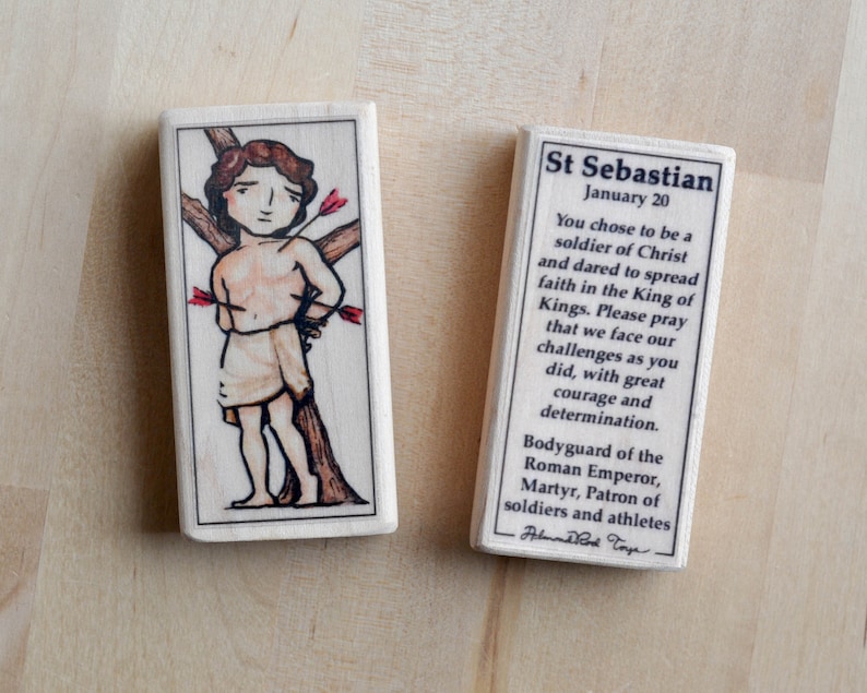 St Sebastian Patron Saint Block with gift bag // patron of athletes // Catholic Toys by AlmondRod Toys image 1