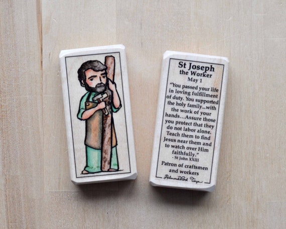 St Joseph the Worker Patron Saint Block with gift bag // Patron of Craftsmen // Catholic Toys by AlmondRod Toys
