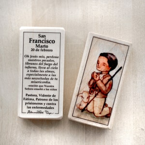 Spanish St Francisco Patron Saint block with gift bag // Bloque católico de San Francisco Marto en español // Juguetes católicos