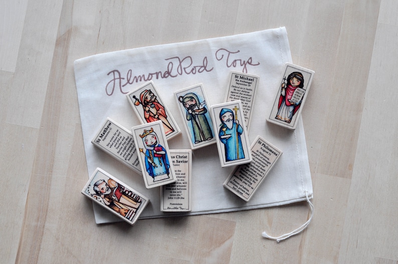 5 Patron Saint blocks of your choice with gift bag // 300 saints to choose from // Catholic toys by AlmondRod Toys image 4