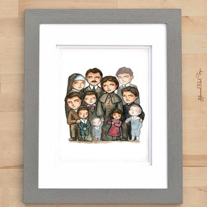 May include: A framed watercolor illustration of a group of people, including children and adults, in a portrait style. The artwork features a gray frame and a white mat. The people are dressed in various outfits, including religious attire.