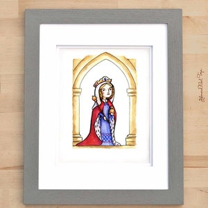 Puede incluir: Una pintura de acuarela de una reina con una túnica roja y azul, que lleva una corona y sostiene un cetro. Está de pie en una puerta con un arco dorado.
