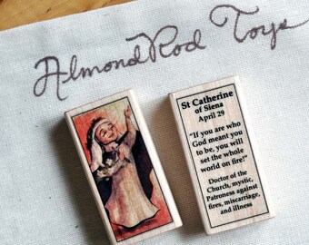 St Catherine of Siena Patron Saint Block with gift bag // patron against fire, miscarriage, and illness // Catholic Toys by AlmondRod Toys
