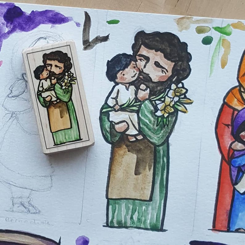 May include: A watercolor painting of a man holding a child. The man has a beard and is wearing a green and brown robe. The child is wearing a white robe and has a flower in their hand. The painting is on a white background.