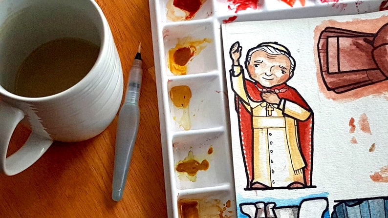 May include: A watercolor painting of a cartoon Pope wearing a white robe with a gold sash and a red cape. The painting is on a white background with a watercolor palette in the background.