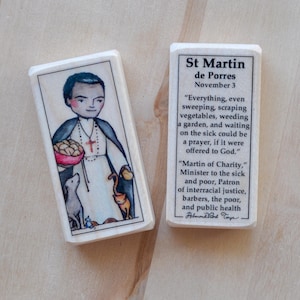 St Martin de Porres Patron Saint Block with gift bag // patron of interracial justice, barbers, the poor, and public health // Catholic Toys