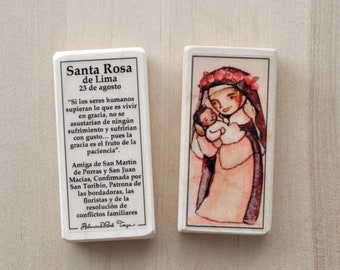 Spanish St Rose of Lima Patron Saint block with gift bag// Bloque católico de Santa Rosa de Lima en español // Juguetes católicos