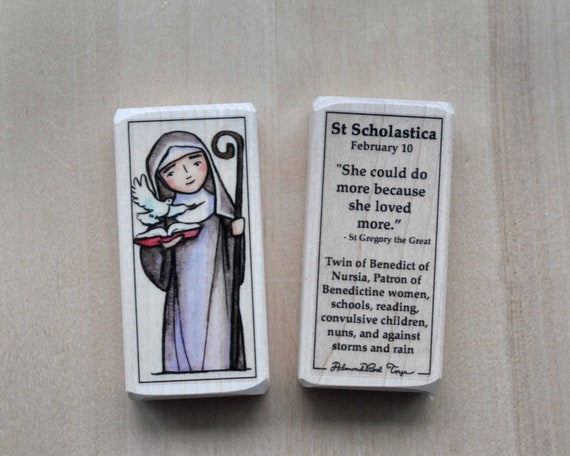 St Scholastica Patron Saint Block With Gift Bag // Patron of - Etsy