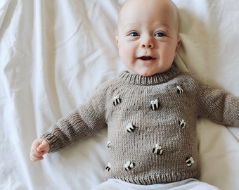 Embroidered Sweater Knitting Pattern for baby and toddler - PDF Knitting Pattern - Buzz Sweater Knitting Pattern in Sport Yarn