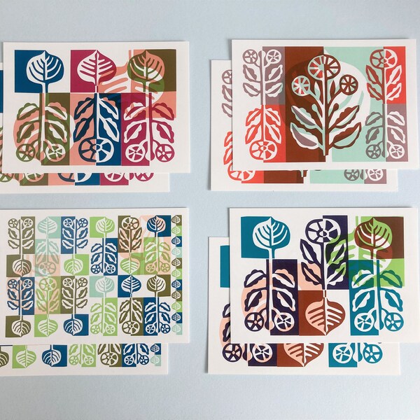 Set of eight colorful postcards, blanc cards, set of greetingcards, art postcards