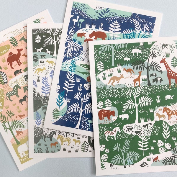 Set of eight colorful wildlife postcards, blanc animal cards, set of greetingcards, art postcards