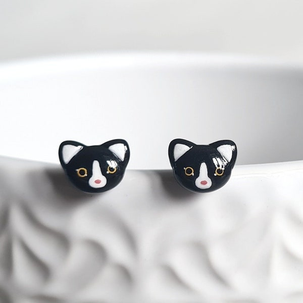 Silver Tuxedo Cat Earrings Sterling Silver Cat Stud Earrings Cute Cat Jewelry