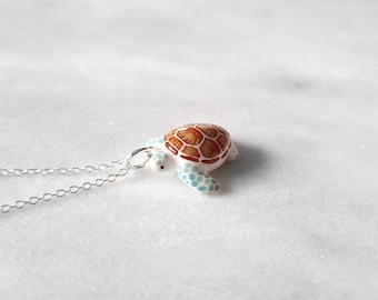 Handmade Silver Sea Turtle Necklace: Painted Detail Pendant