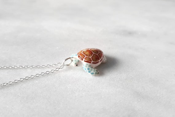 Handmade Silver Sea Turtle Necklace: Painted Detail Pendant