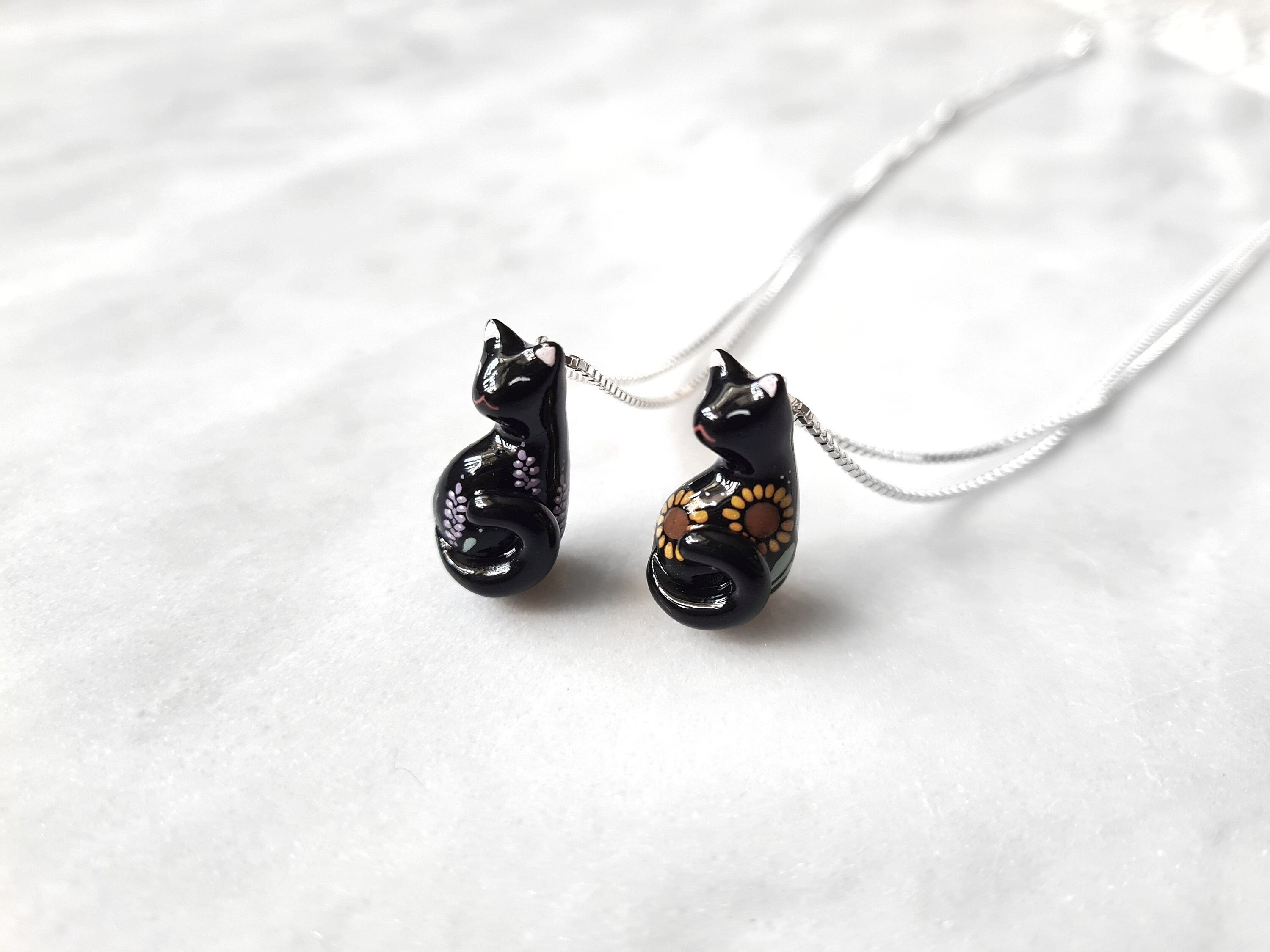 Black Cat Necklace Floral Sterling Silver Black Cat Pendant